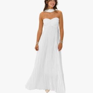 White Strapless Pleated Dress with Scarf